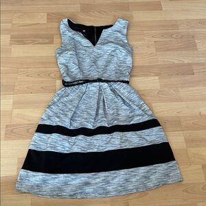 Iz Byer Black and Gray Striped Dress with Pockets and Adjustable Braided Belt